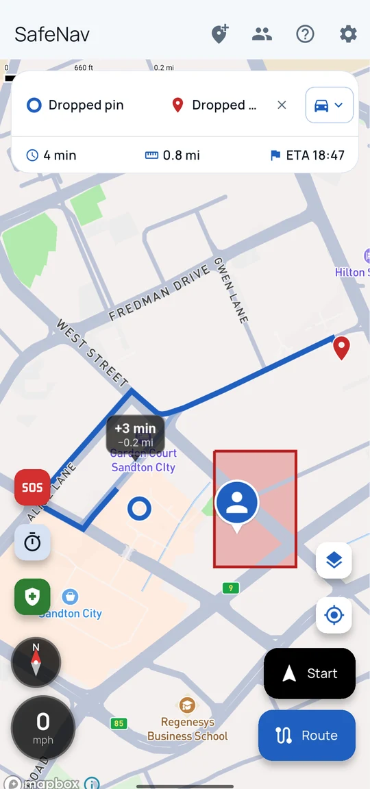 A planned route on the map with a red No-go zone drawn beside it, showing 4 minutes, 0.8 miles and an arrival time, with a second route line labelled plus 3 minutes.
