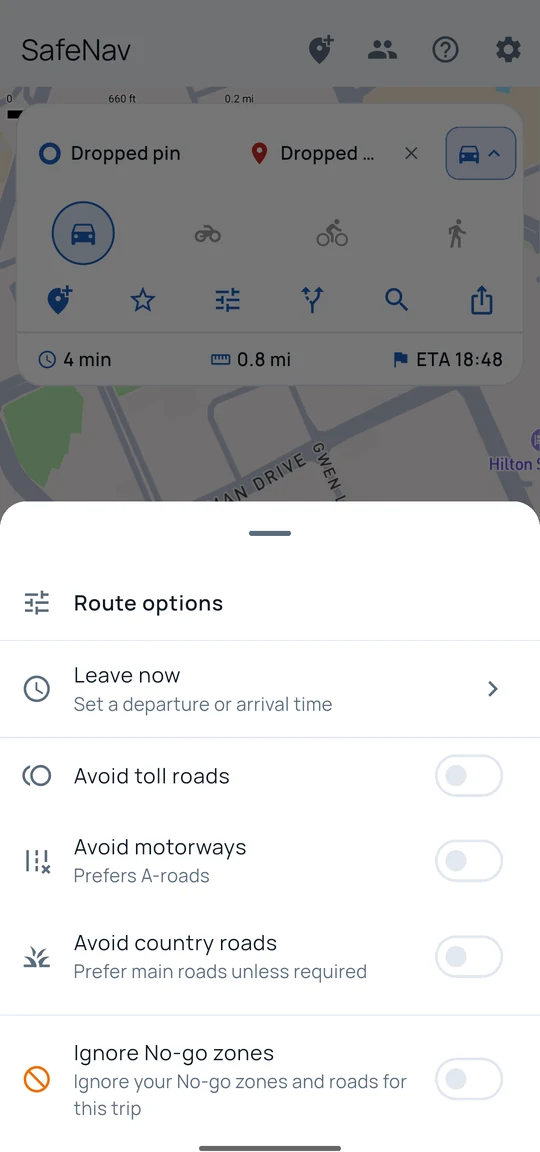 Route options sheet with a Leave now row and switches for avoiding toll roads, motorways and country roads, and for ignoring your No-go zones for this trip.