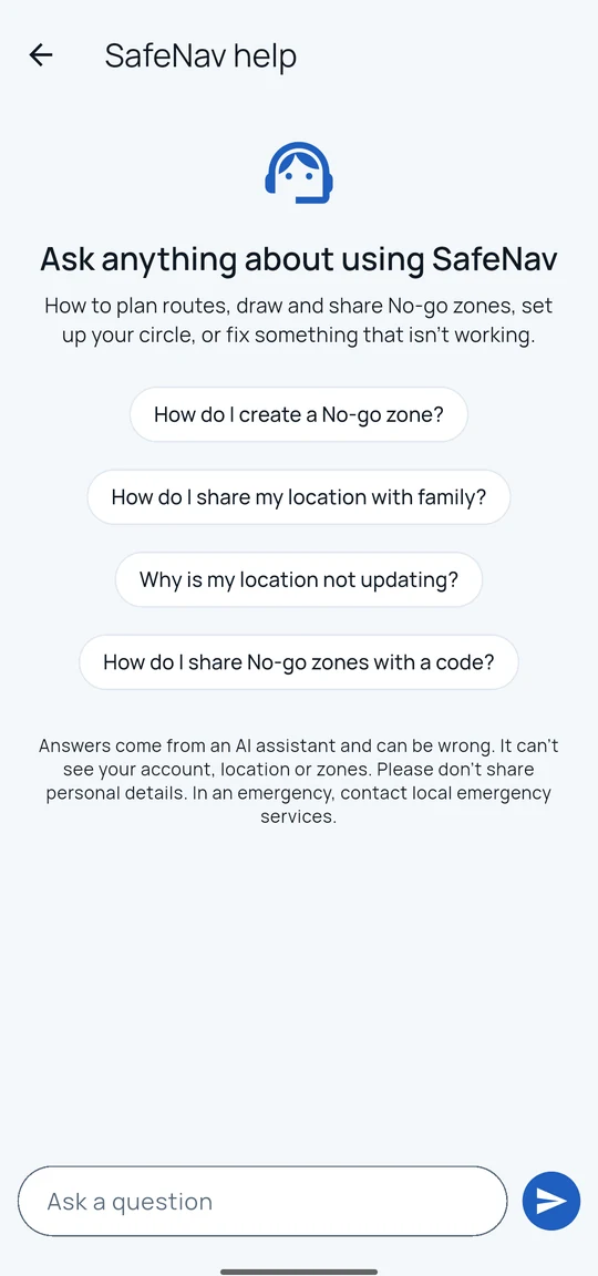 SafeNav help assistant empty state with suggested questions and a notice that answers come from an AI assistant that can be wrong.
