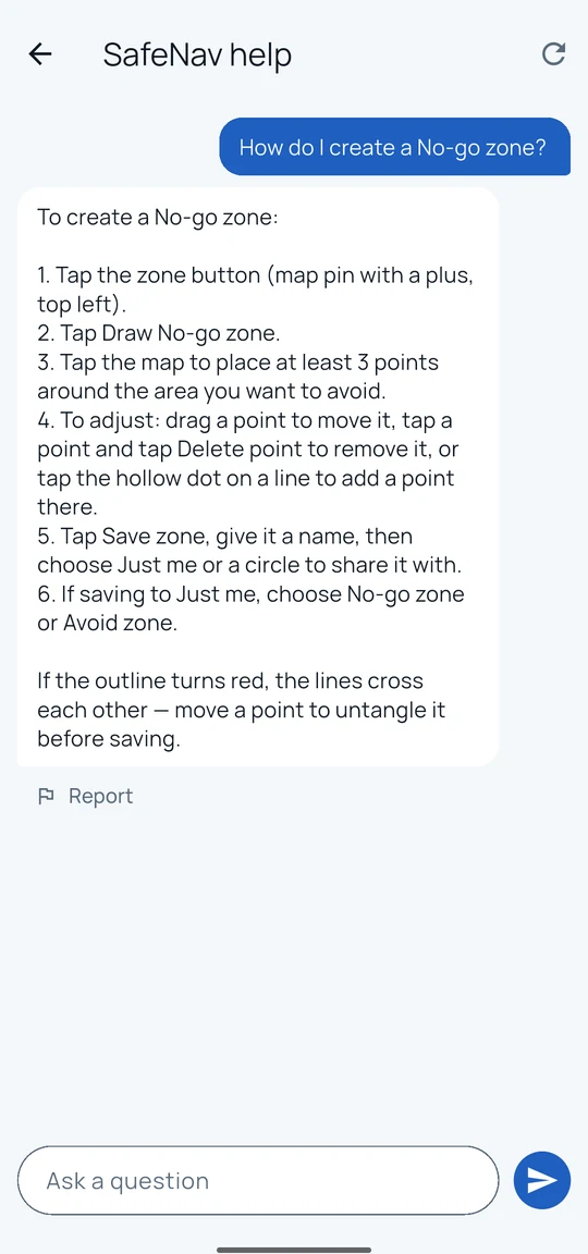 SafeNav help assistant answering the question, how do I create a No-go zone, with numbered step-by-step instructions.