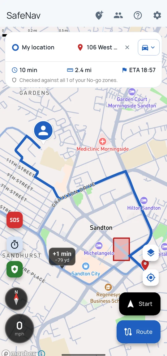 A planned route to Sandton with a small red No-go zone near the destination. The route panel shows 10 minutes, 2.4 miles and an arrival time, and the note: Checked against all 1 of your No-go zones.