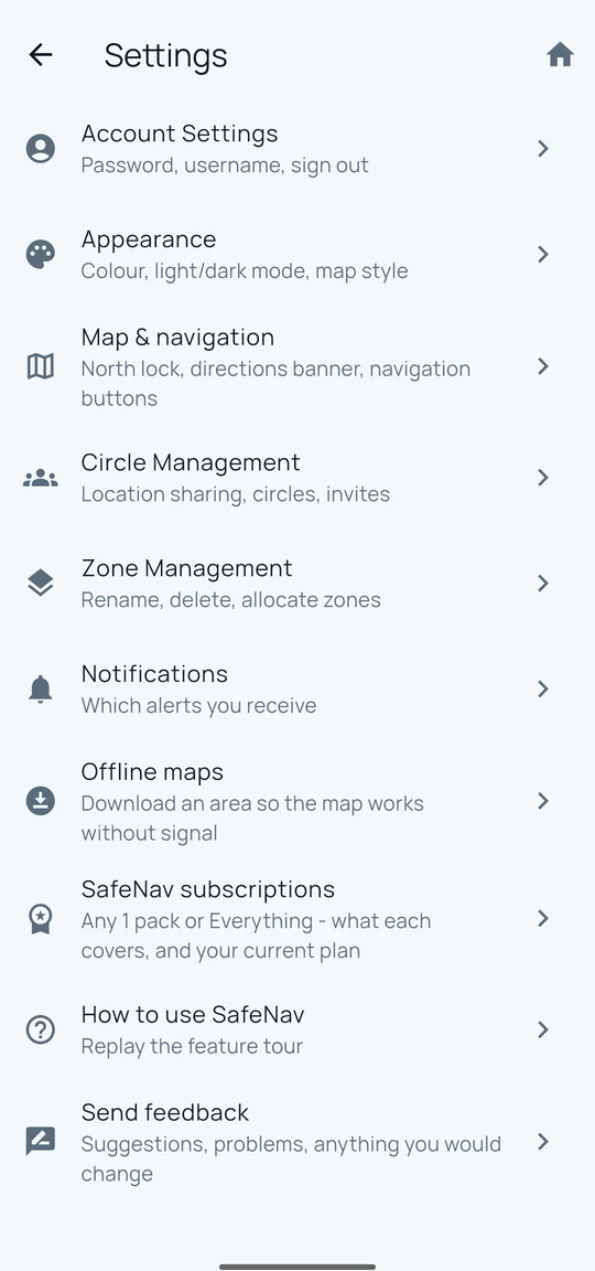 The SafeNav Settings list: Account Settings, Appearance, Map and Navigation, Circle Management, Zone Management, Notifications, Offline maps, SafeNav subscriptions, How to use SafeNav, and Send feedback.