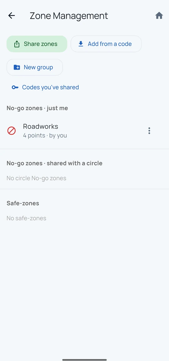 The Zone Management screen, with buttons to share zones, add zones from a code and start a new group, and a list of No-go zones and Safe-zones.