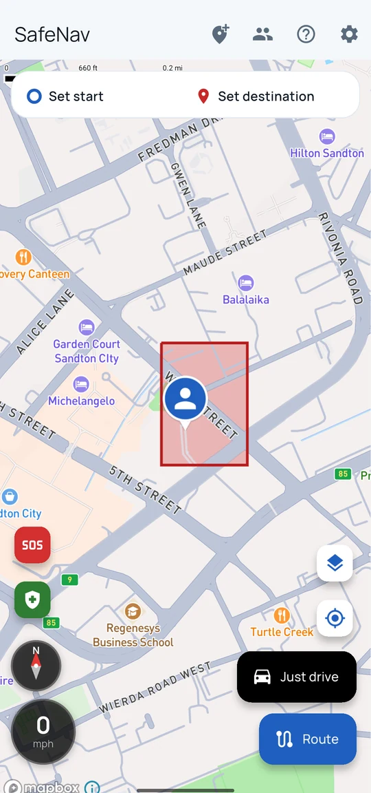The home map with a red rectangular No-go zone drawn over part of a street map.